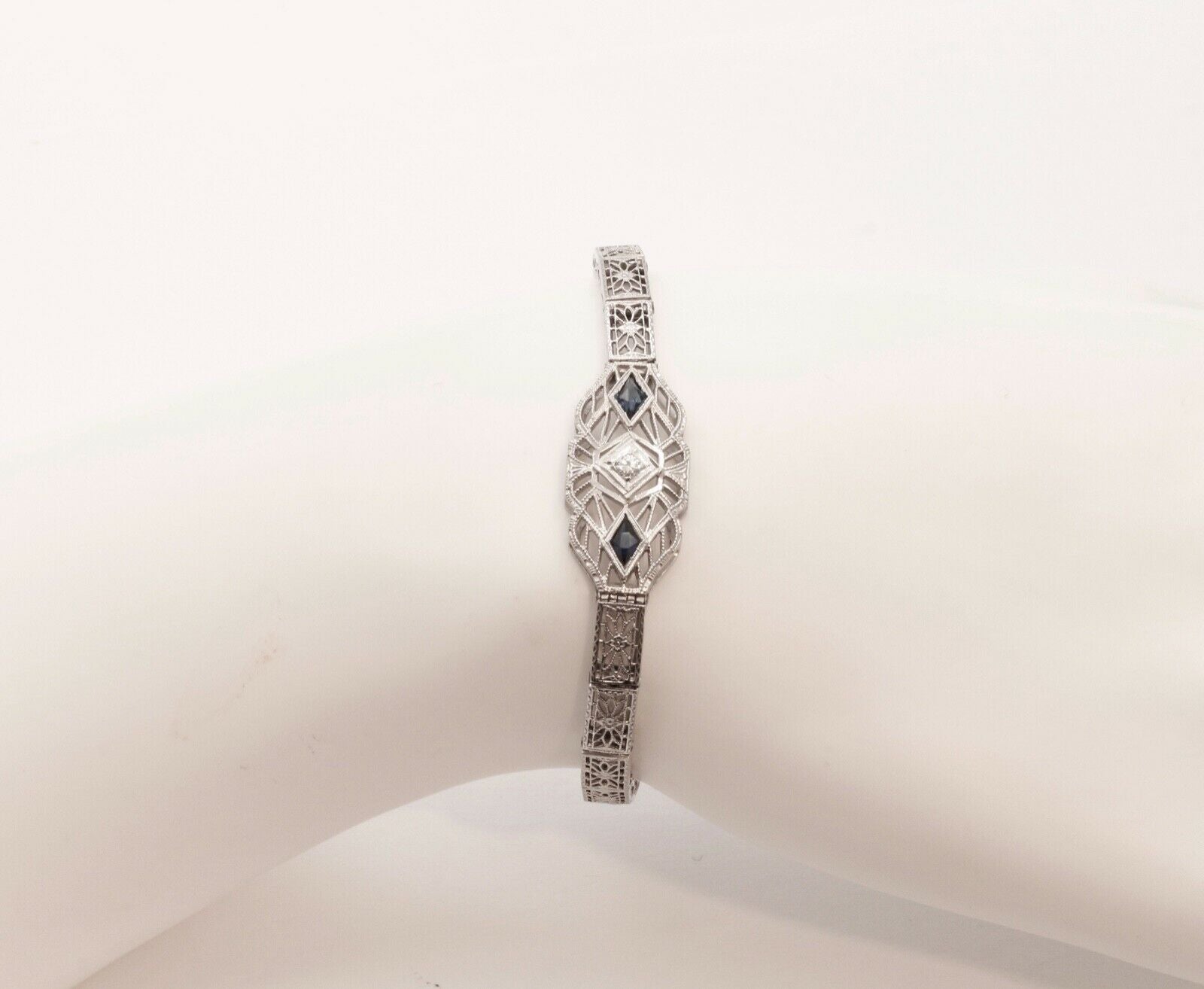 Art Deco Diamond Blue Sapphire 14K White Gold Filagree Bracelet
