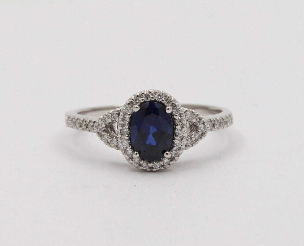 Vintage Cushion Cut Sapphire and Diamond Halo 14K White Gold Ring