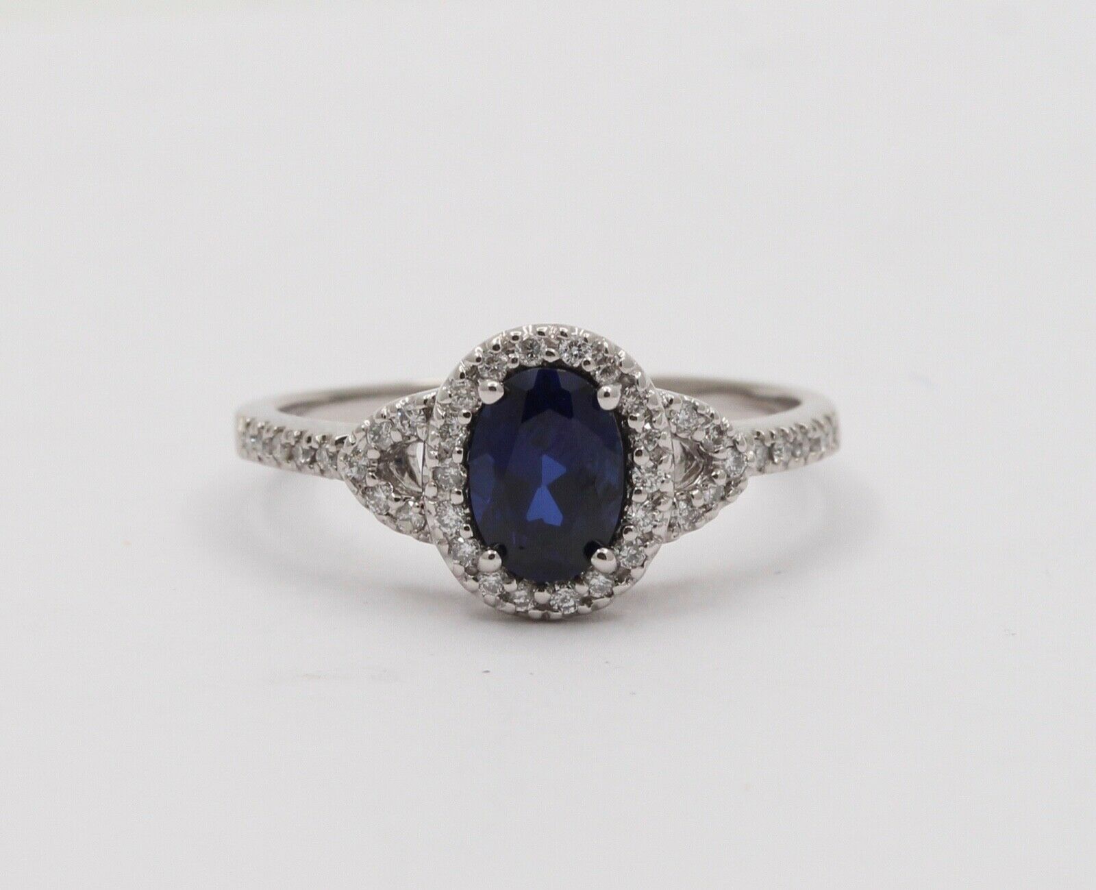 Vintage Cushion Cut Sapphire and Diamond Halo 14K White Gold Ring