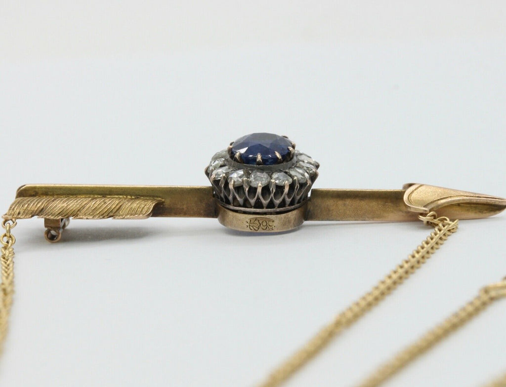 Victorian Russian 14K Yellow Gold Sapphire Rose Cut Diamond Arrow Pendant