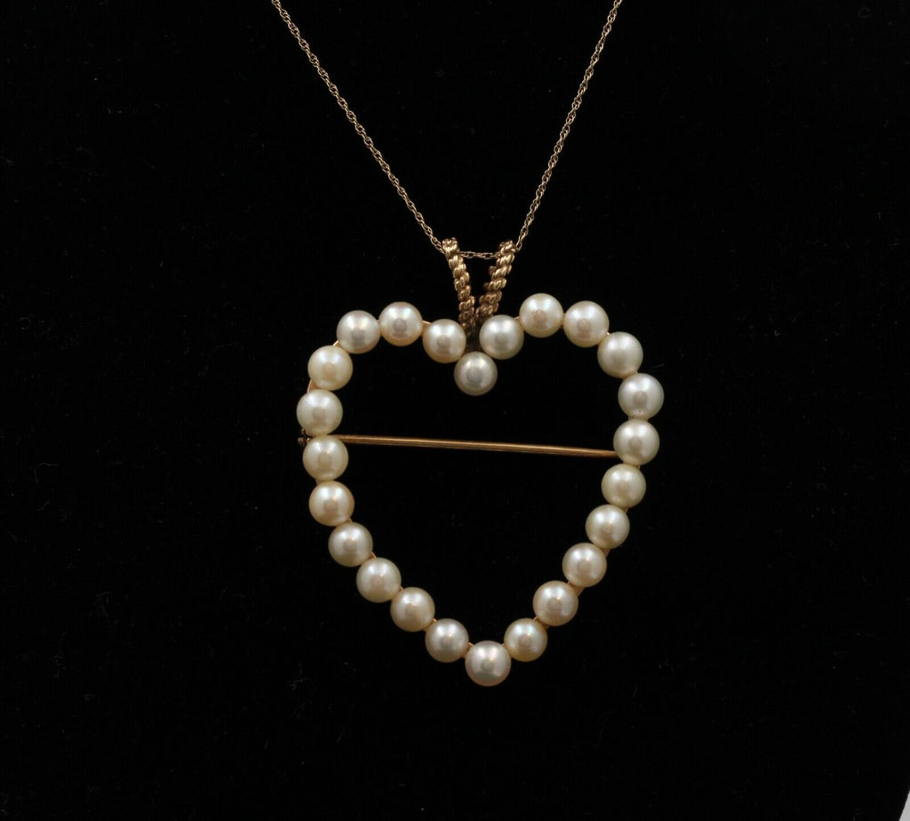 Vintage Heart 14K Yellow Gold Pearls Brooch Pendant