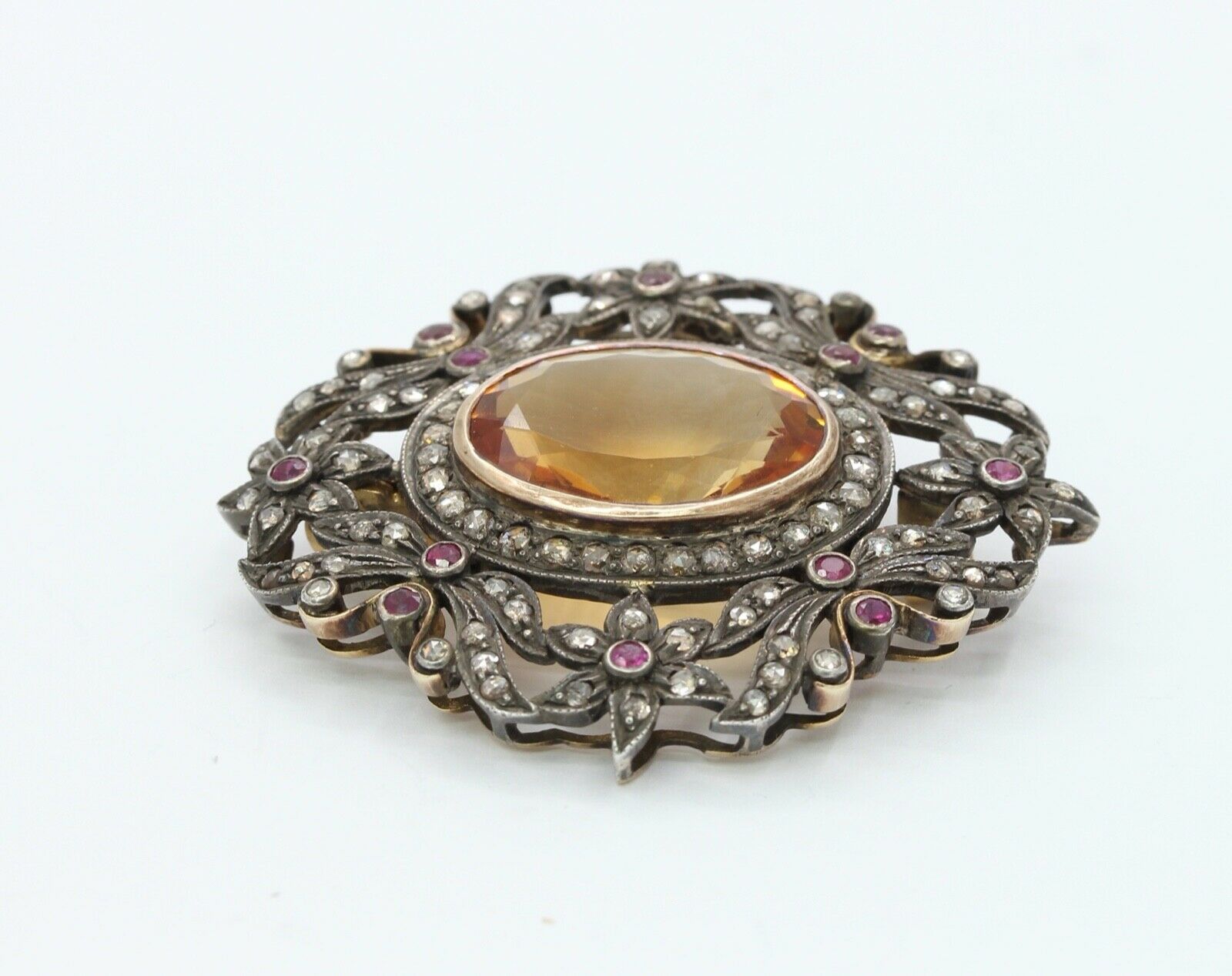Victorian Revival 18K 14K 925 Citrine Diamonds Rubies Brooch Pendant