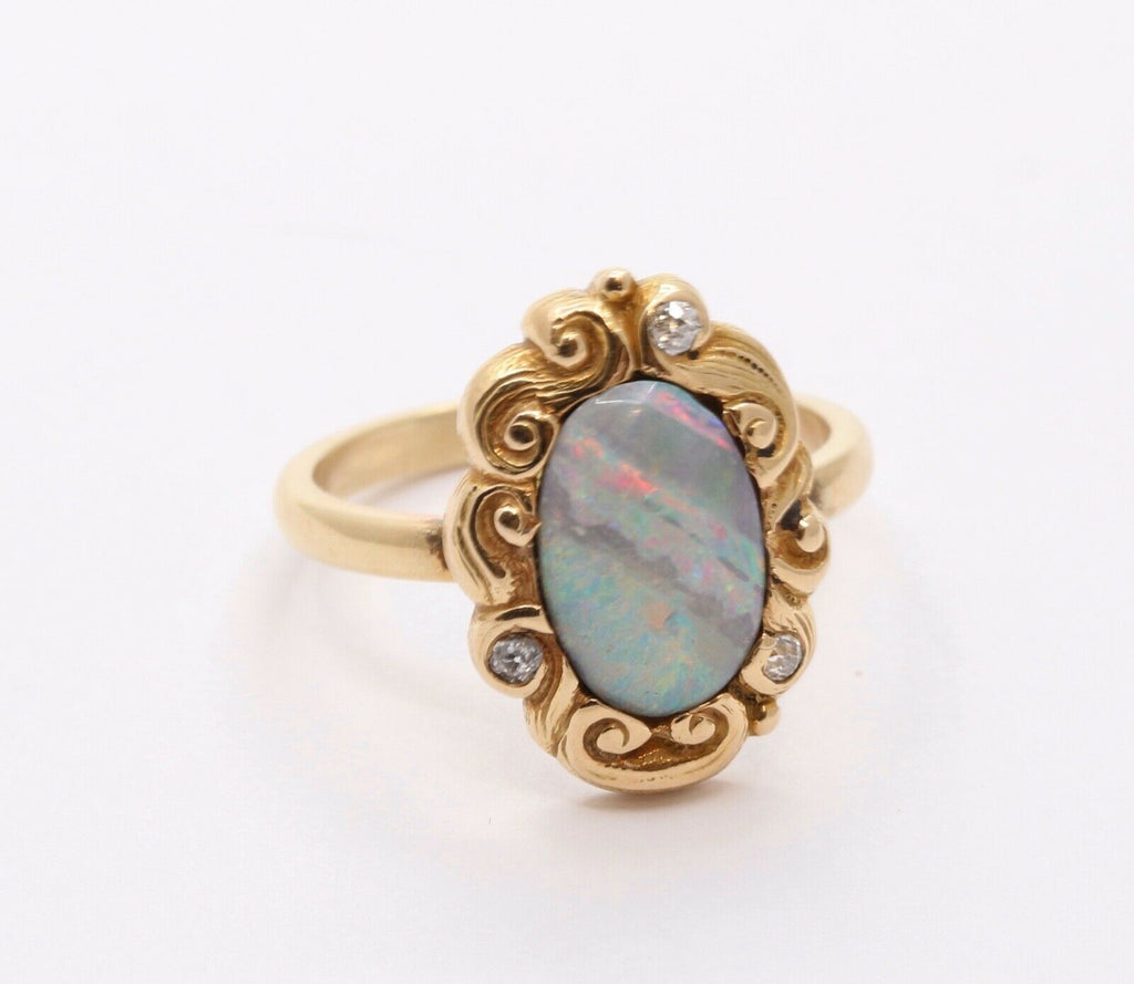 Victorian Opal Old Mine Diamonds 14K Yellow Gold Ring