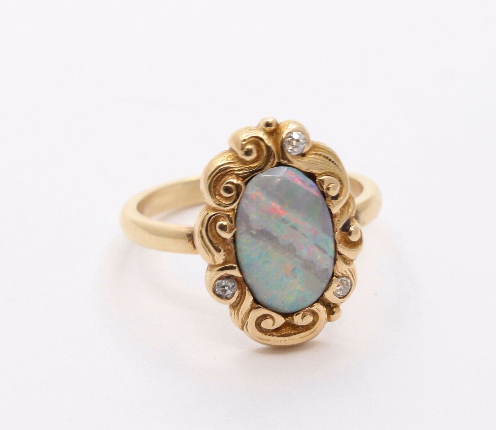 Victorian Opal Old Mine Diamonds 14K Yellow Gold Ring
