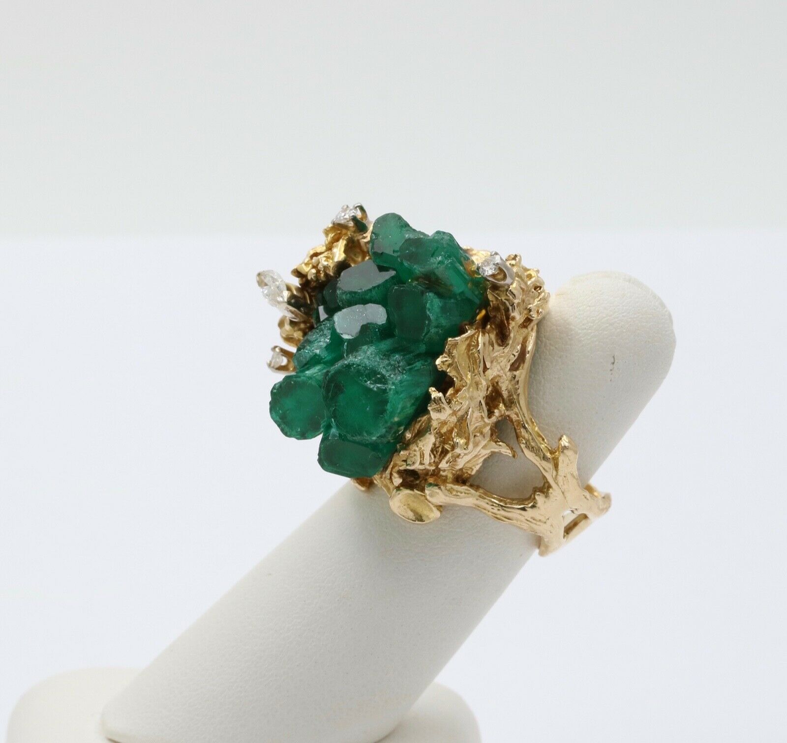 Vintage Brutalist Chatham Emerald Diamonds 14K Yellow Gold Ring