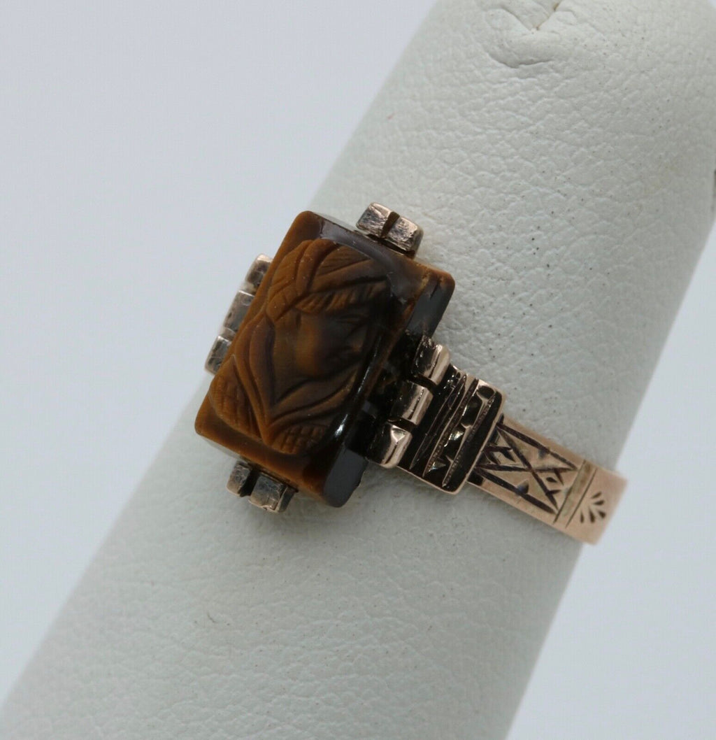 Antique 10K Rose Gold Carved Tiger's Eye Ring