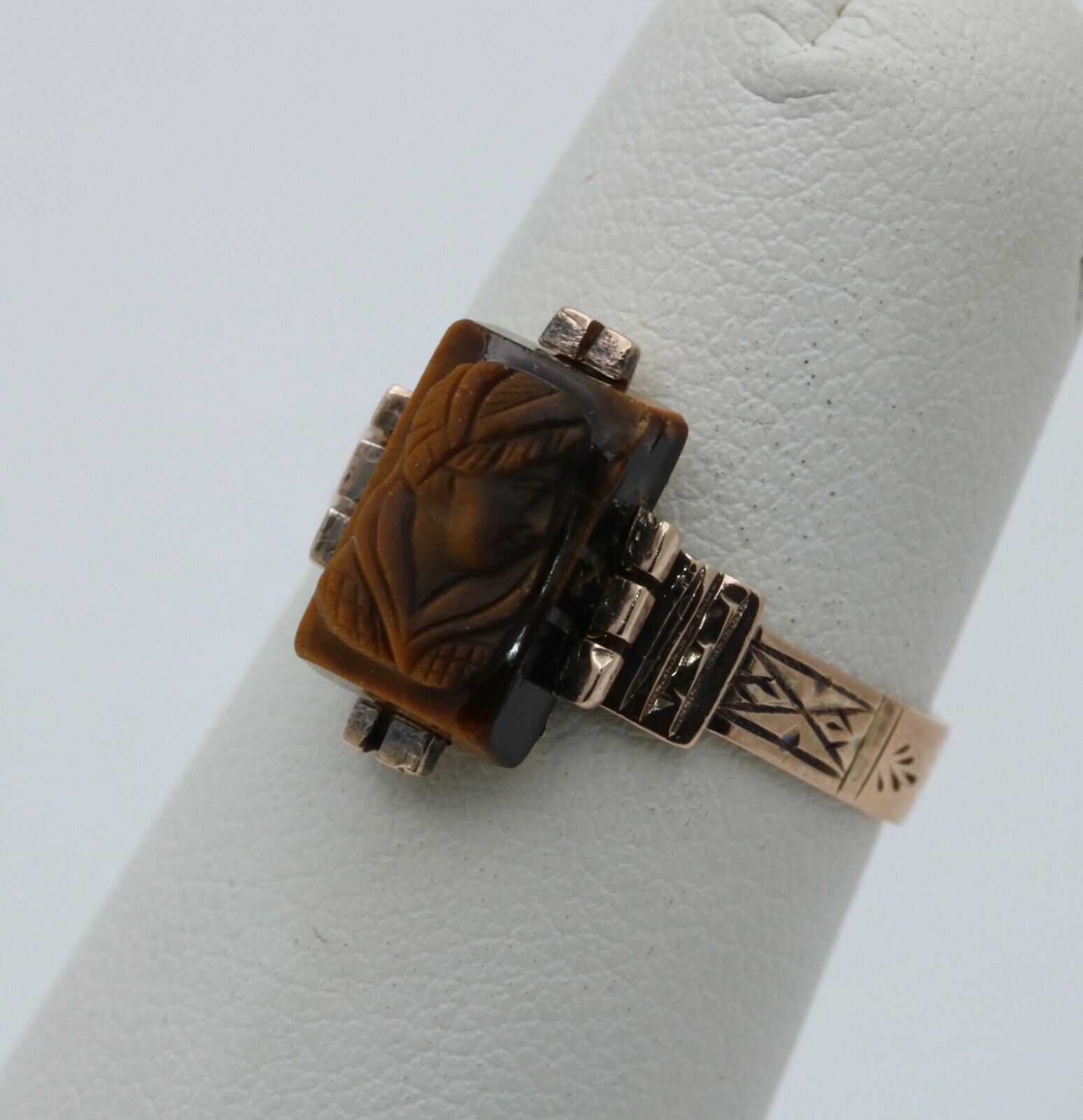 Antique 10K Rose Gold Carved Tiger's Eye Ring