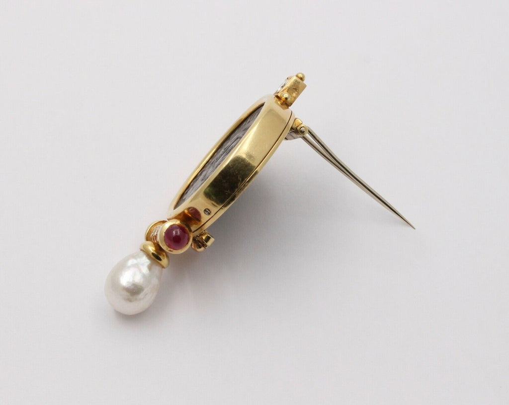 Roman Coin Rubies Diamond Pearl 18K Yellow Gold Brooch Pin