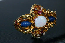 Load image into Gallery viewer, Vintage Victorian Style Opal Rubies Diamonds Sodalite 18K Yellow Gold Brooch Pin
