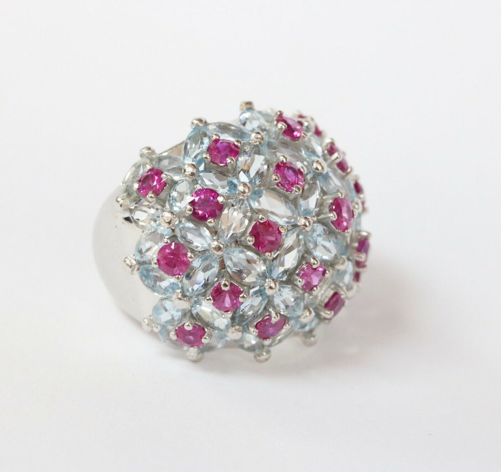 Large Statement Aquamarines Rubies 18K White Gold Dome Ring