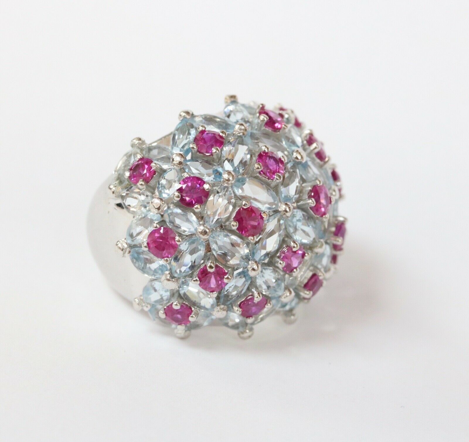 Large Statement Aquamarines Rubies 18K White Gold Dome Ring
