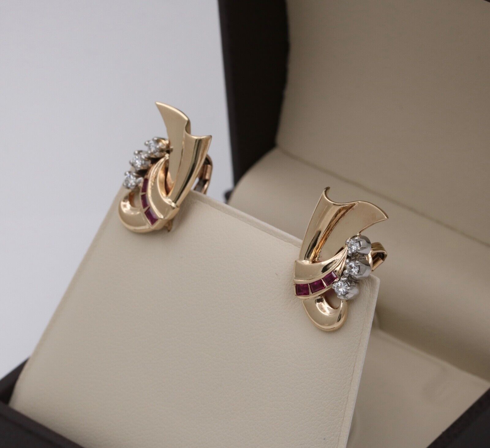 Vintage Retro 14K Yellow Gold Ruby & Diamond Earrings