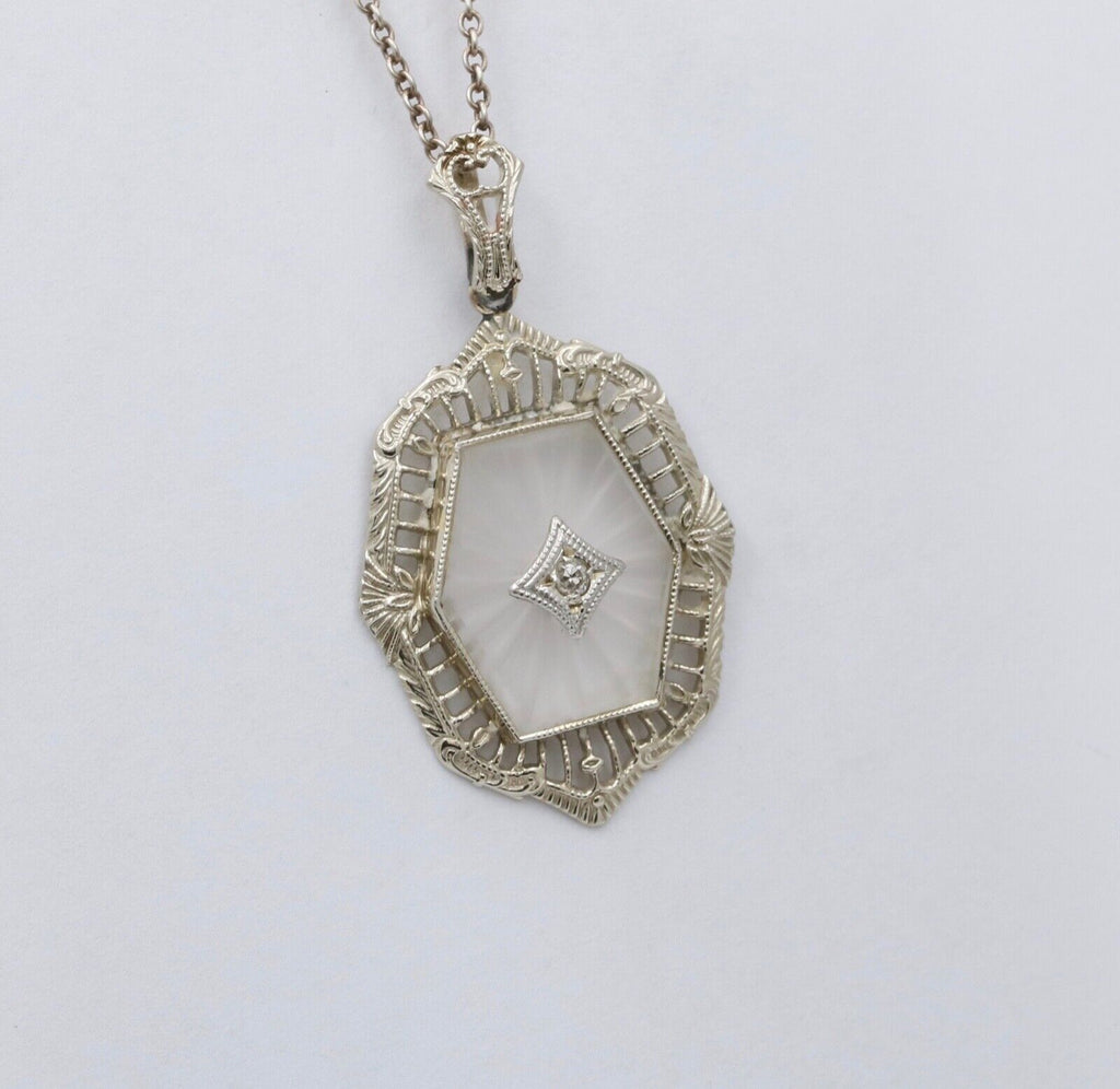 Art Deco 10K Gold Camphor Glass Diamond Pendant.