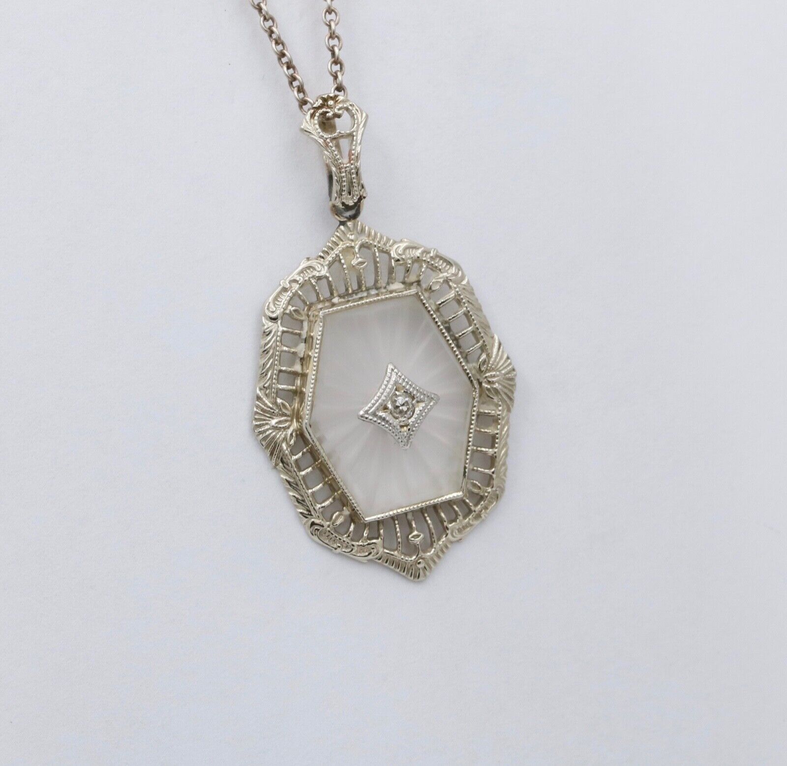 Art Deco 10K Gold Camphor Glass Diamond Pendant.
