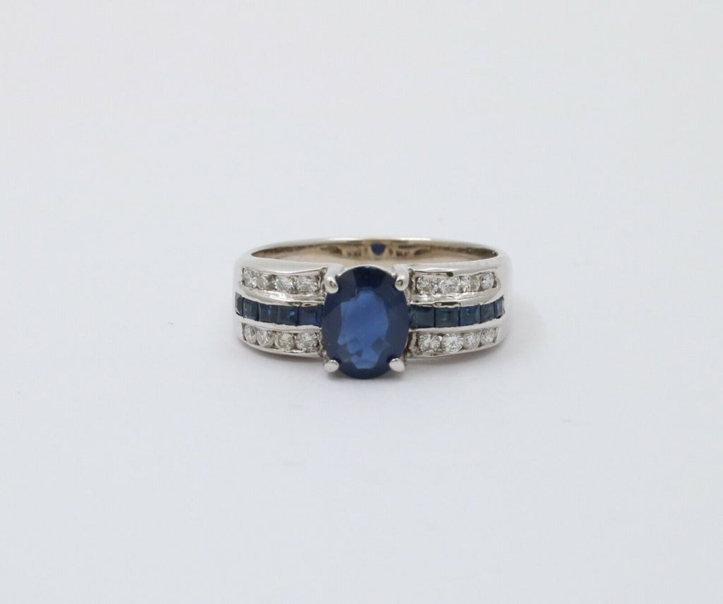 Classic 14K White Gold Sapphire and Diamond Ring Band, Engagement Ring.