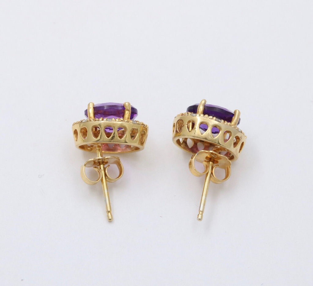 Vintage Amethyst Diamond 14K Yellow Gold Earrings Studs