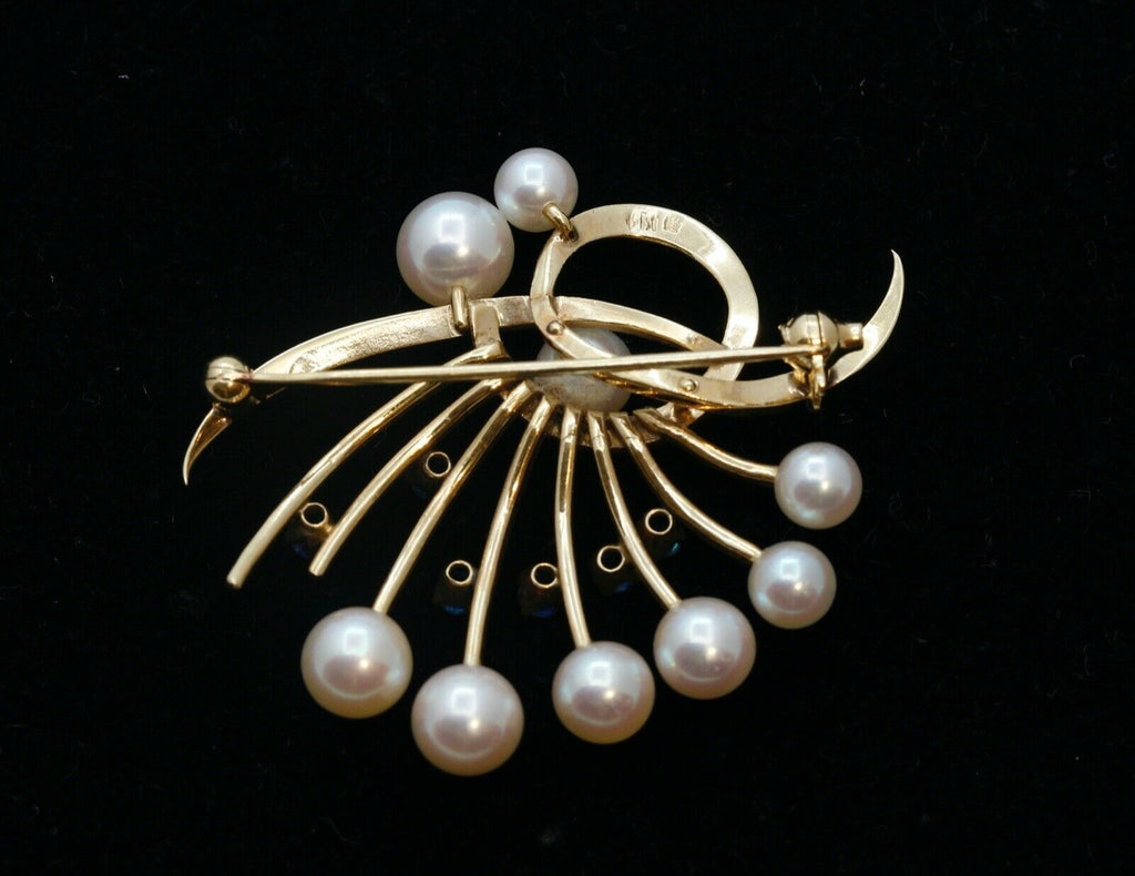 Mikimoto 14K Yellow Gold Sapphires Pearls Brooch Pin
