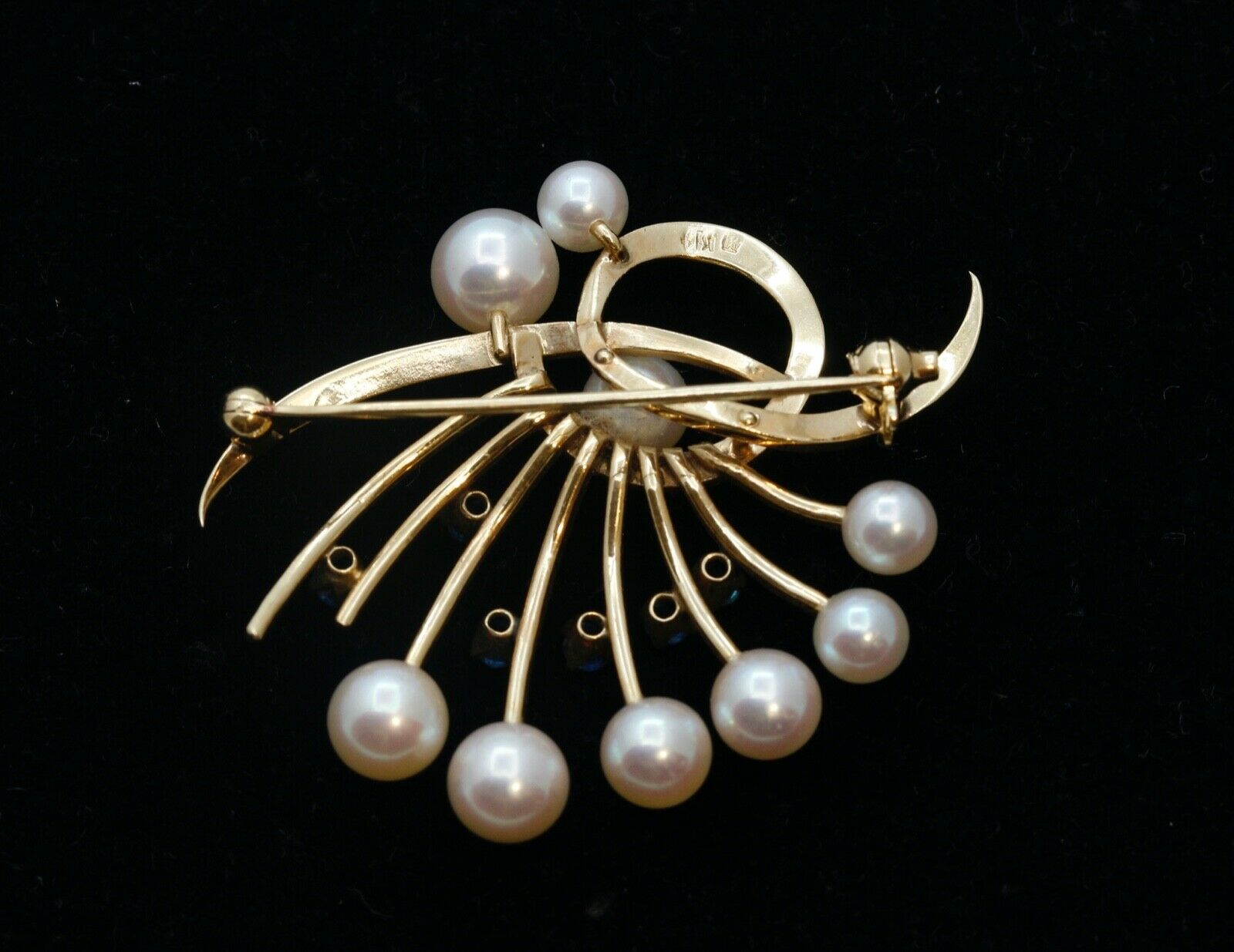 Mikimoto 14K Yellow Gold Sapphires Pearls Brooch Pin