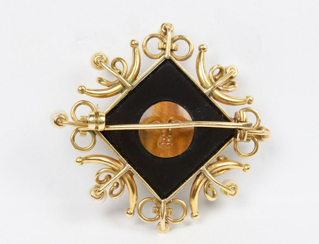 Vintage 18K Yellow Gold Tigers Eye Pearl Carving Brooch