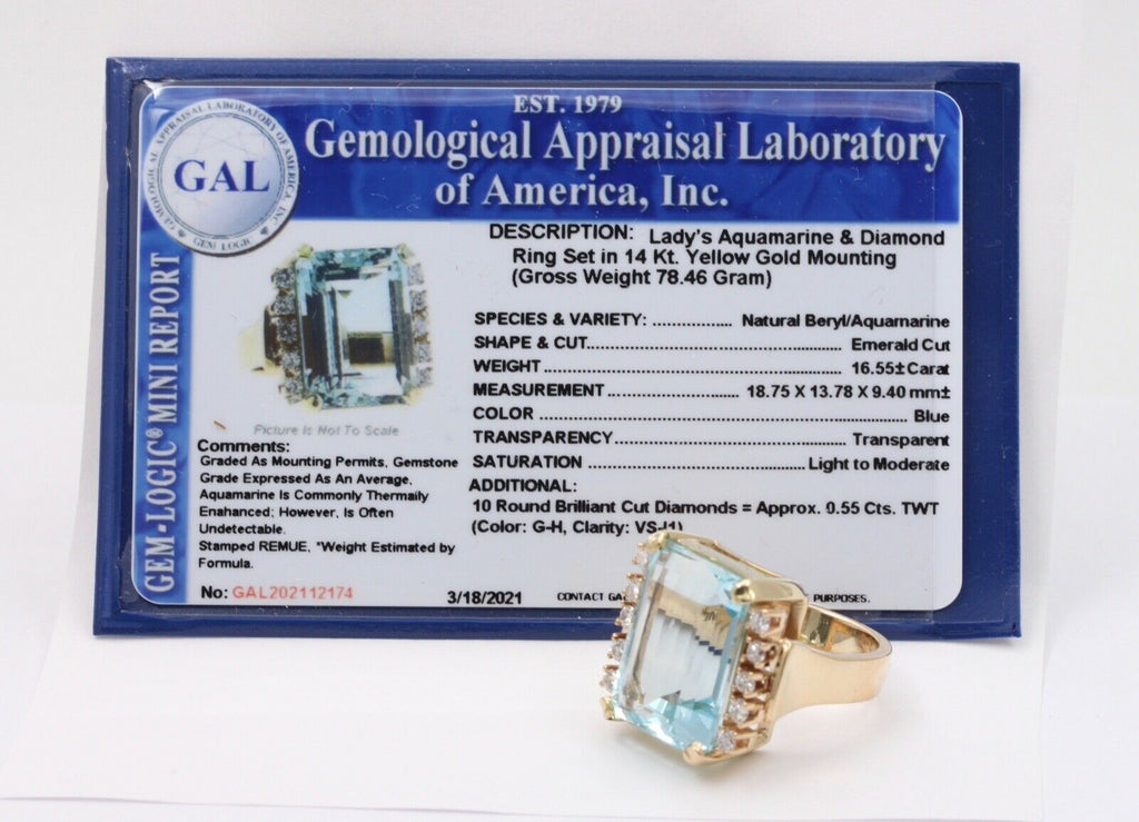 Vintage 18.60 carats Emerald Cut Aquamarine 14K Gold Ring with Diamonds