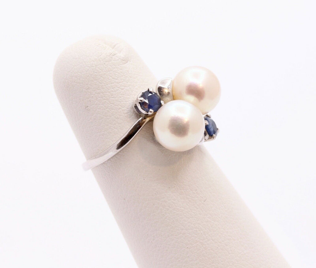 Mikimoto Vintage Pearls Blue Sapphires 14K White Gold Ring