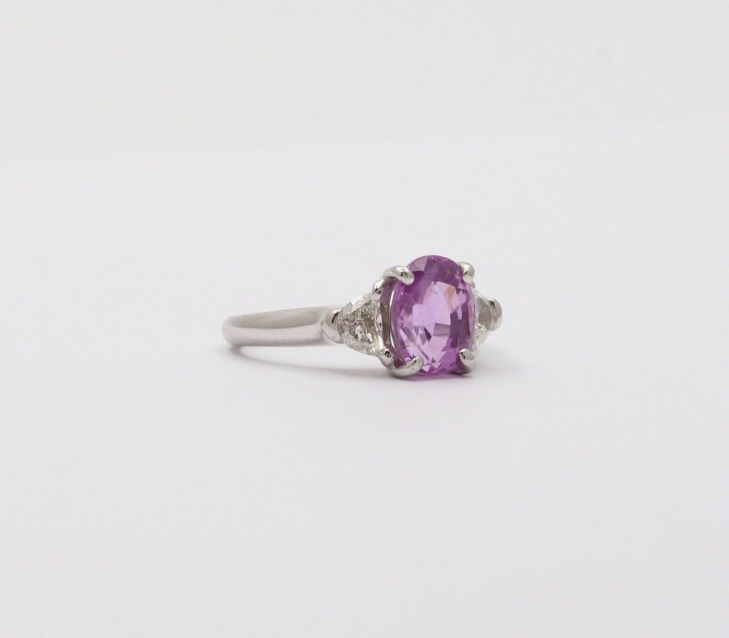 Classic Pink Sapphire and Half Moon Diamond 14K White Gold Ring, Engagement Ring