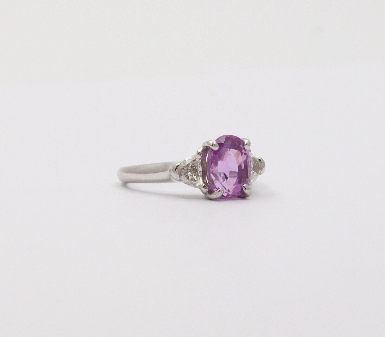 Classic Pink Sapphire and Half Moon Diamond 14K White Gold Ring, Engagement Ring