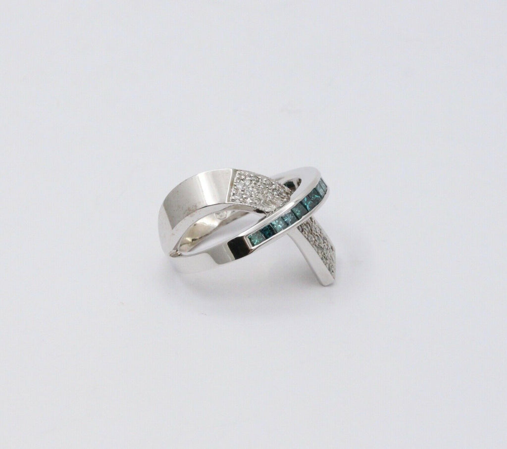 Cool Unisex Geometric Diamonds White Blue Diamonds 14K White Gold Ring