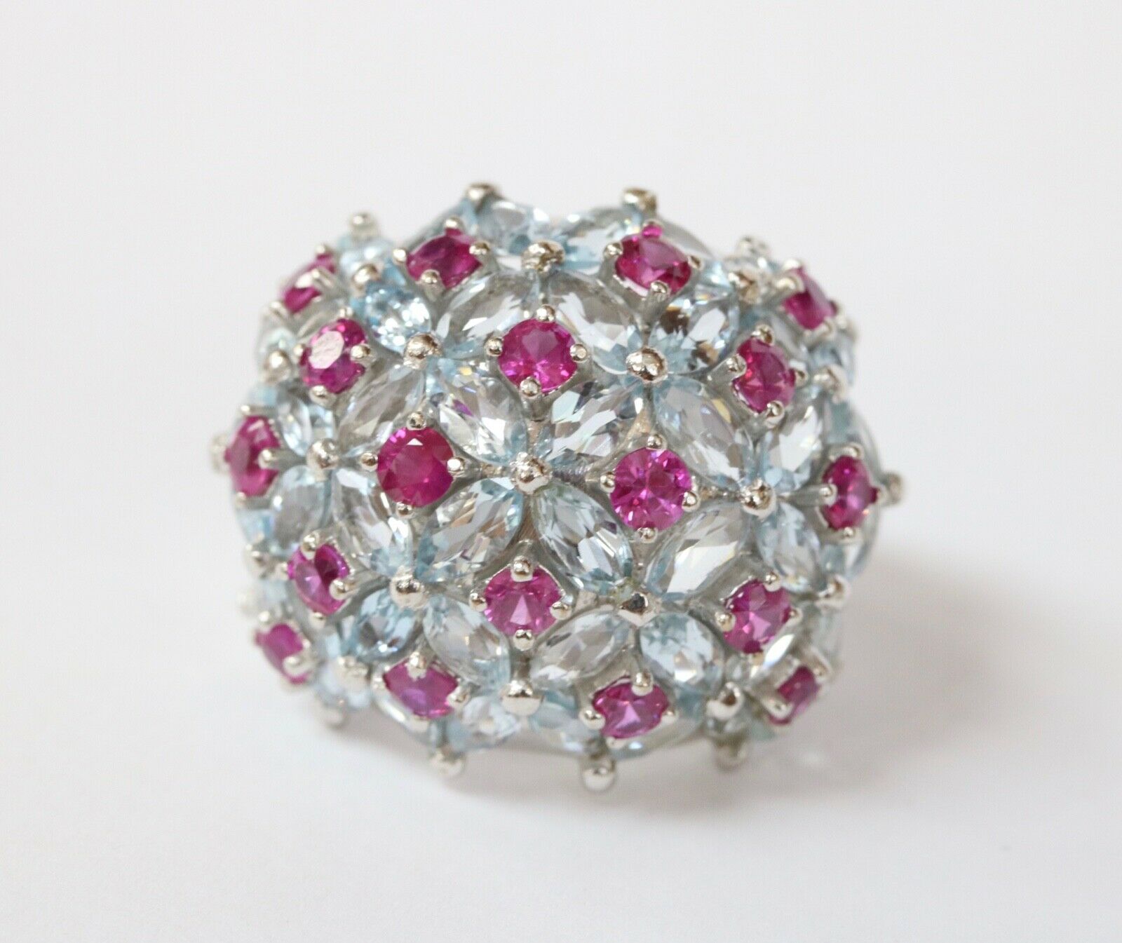 Large Statement Aquamarines Rubies 18K White Gold Dome Ring