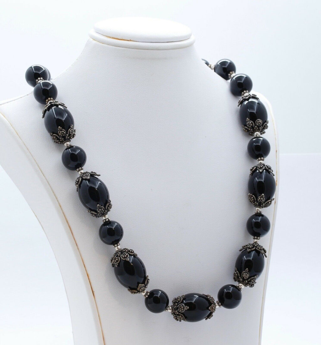 Meran Large Black Onyx Bead and 925 Sterling Silver Vintage Necklace