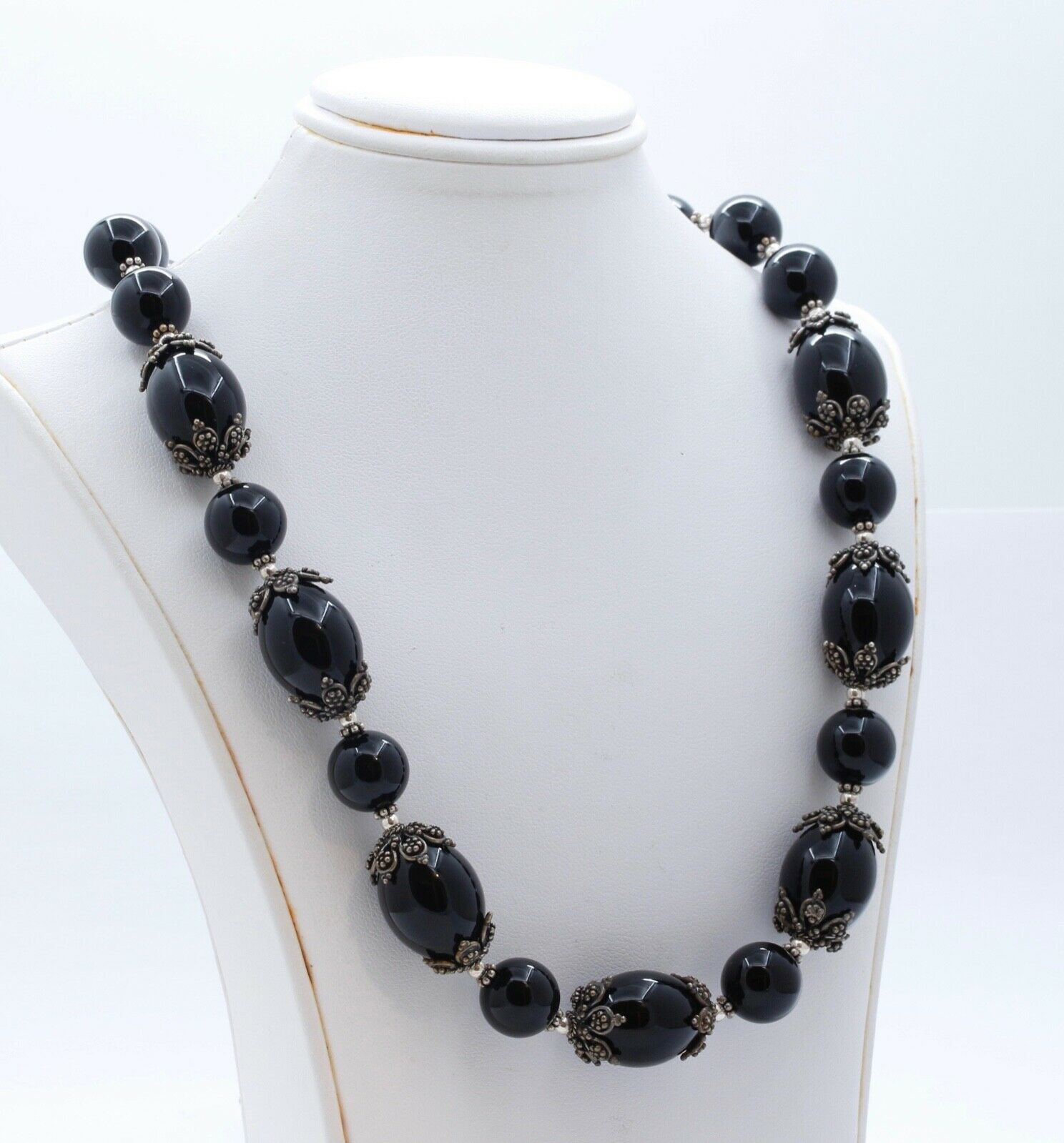 Meran Large Black Onyx Bead and 925 Sterling Silver Vintage Necklace