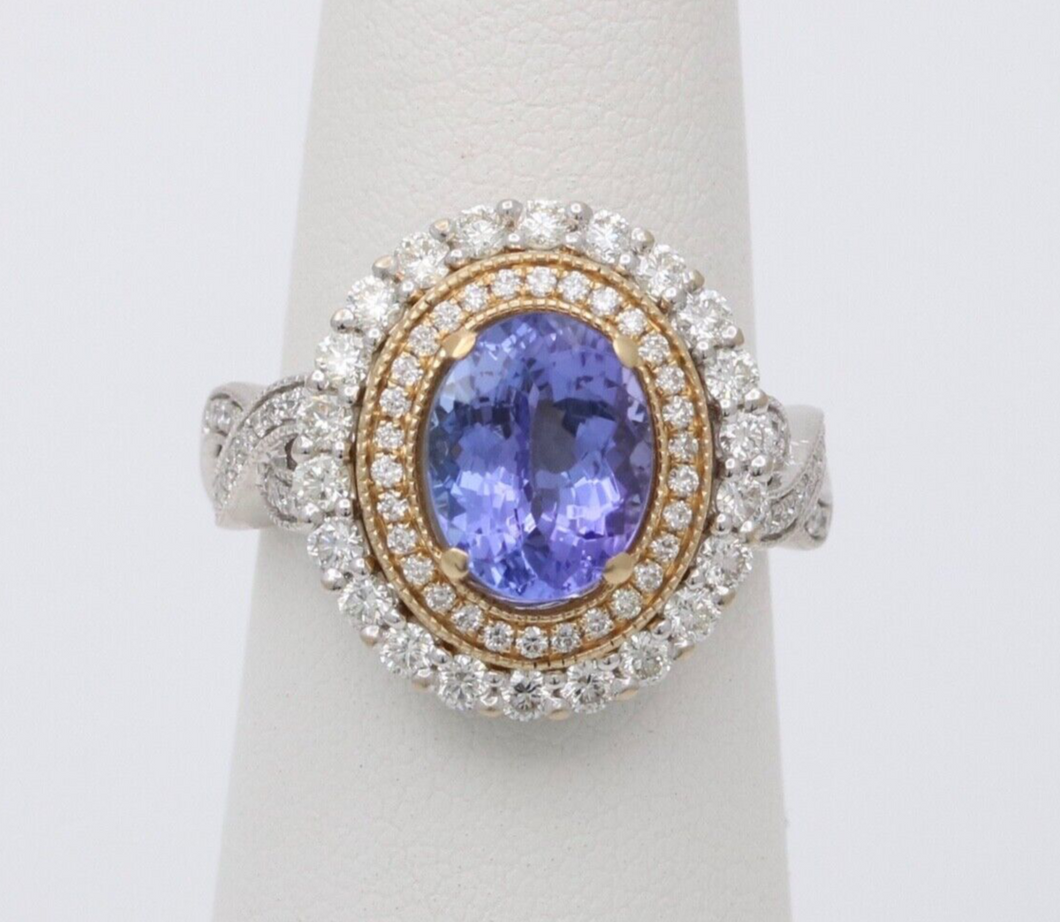 Vintage Tanzanite And Diamond Halo 14K White Gold Ring