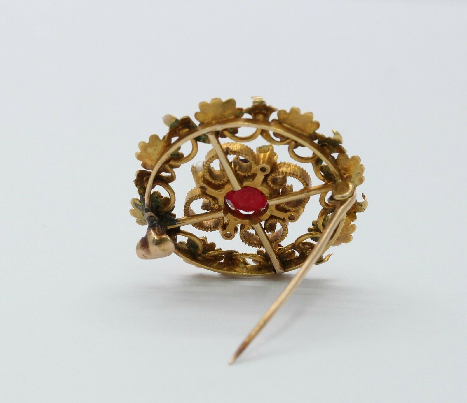 Vintage 14k Yellow Gold Garnet Seed Pearl Floral Brooch