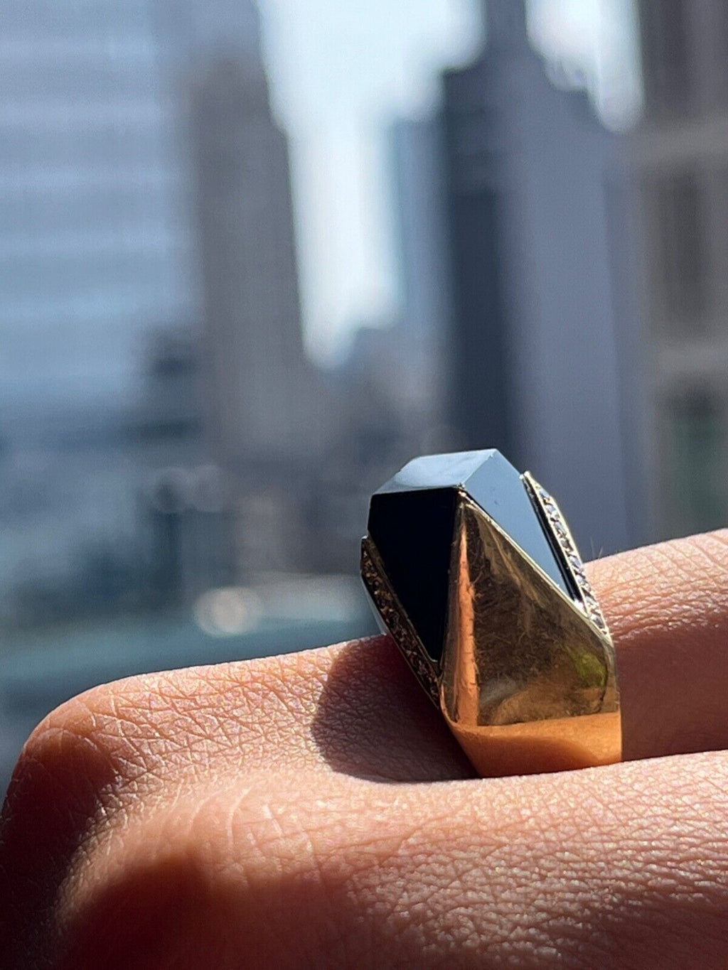 Vintage 14K Yellow Gold Geometric Onyx & Diamond Ring