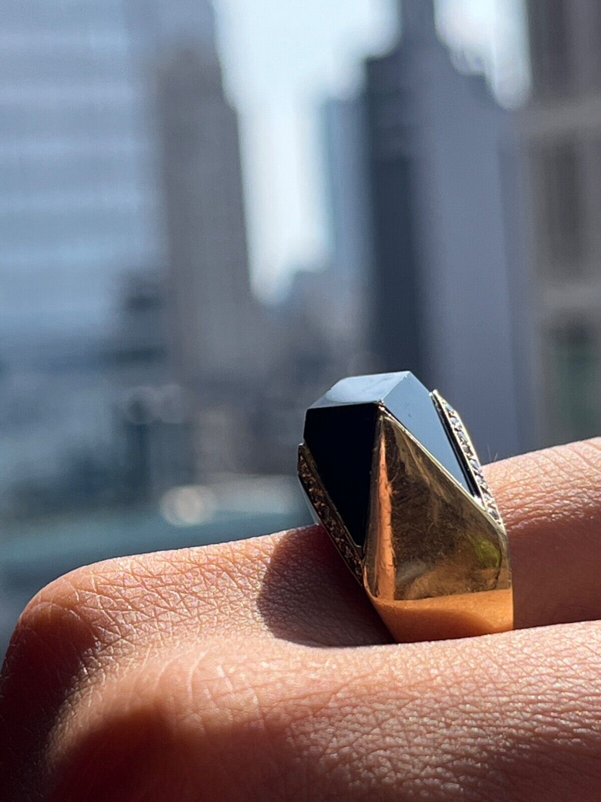 Vintage 14K Yellow Gold Geometric Onyx & Diamond Ring