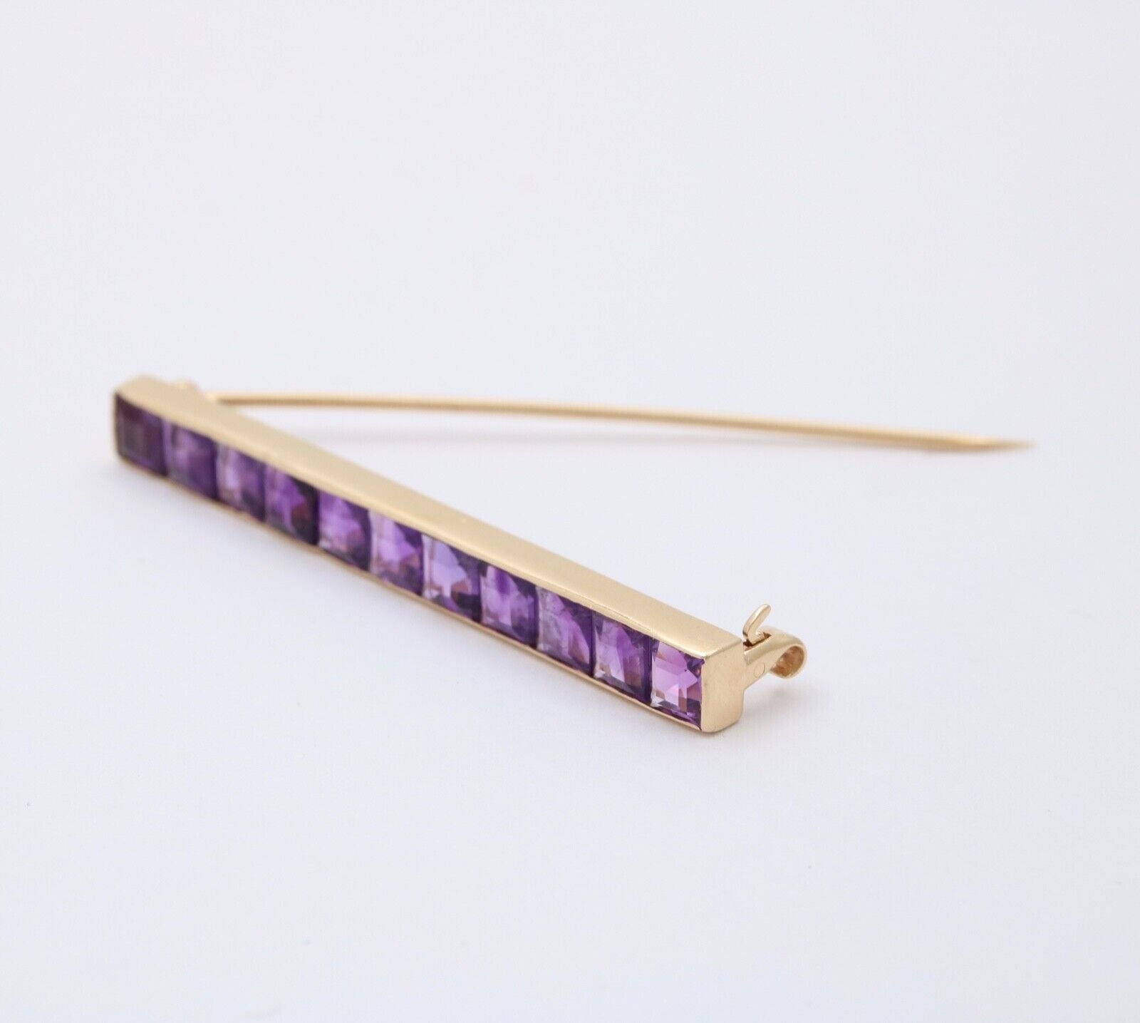 Victorian Emerald Cut Amethyst 14K Yellow Gold Bar Pin Brooch