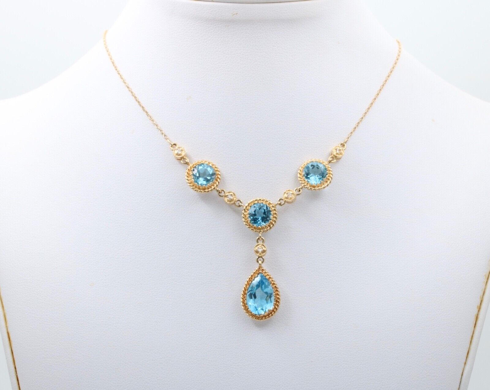 Vintage 14K Yellow Gold Teardrop Blue Zircon Festoon Necklace. Negligee Necklace