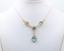 Load image into Gallery viewer, Vintage 14K Yellow Gold Teardrop Blue Zircon Festoon Necklace. Negligee Necklace
