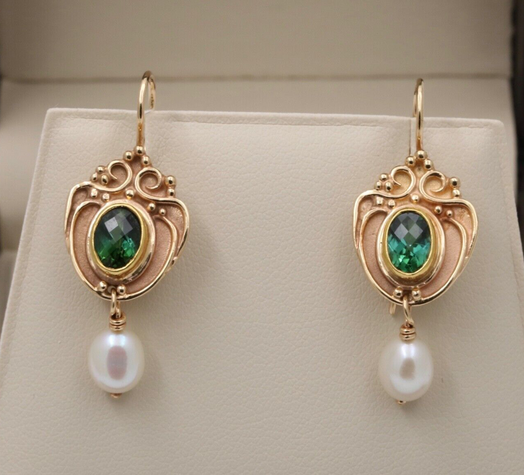 Vintage 14K Yellow Gold Green Tourmaline & Pearl Dangling Earrings