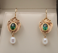 Vintage 14K Yellow Gold Green Tourmaline & Pearl Dangling Earrings