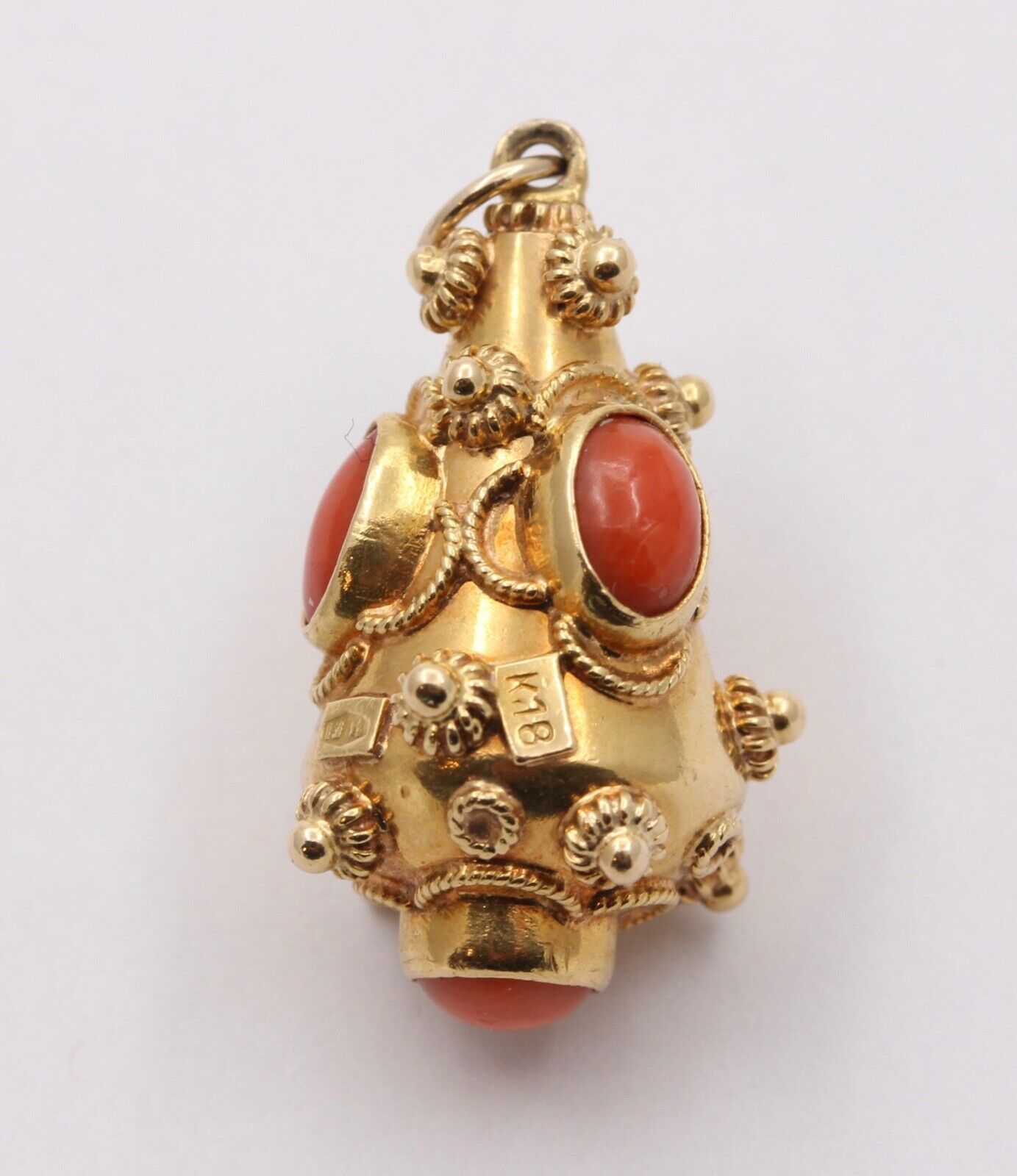 Victorian Etruscan Revival 18K Yellow Gold Coral Pendant Charm
