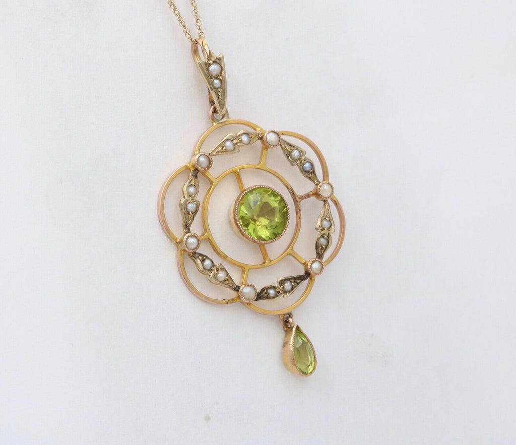 Art Nouveau Peridot Seed Pearls 9 Carat Pendant