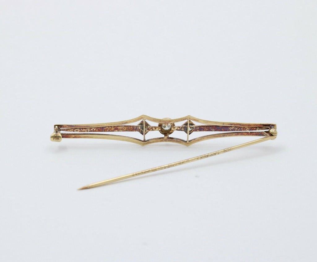 Antique Art Deco 14K Two Tone Gold Old Mine Cut Diamond Bar Pin.