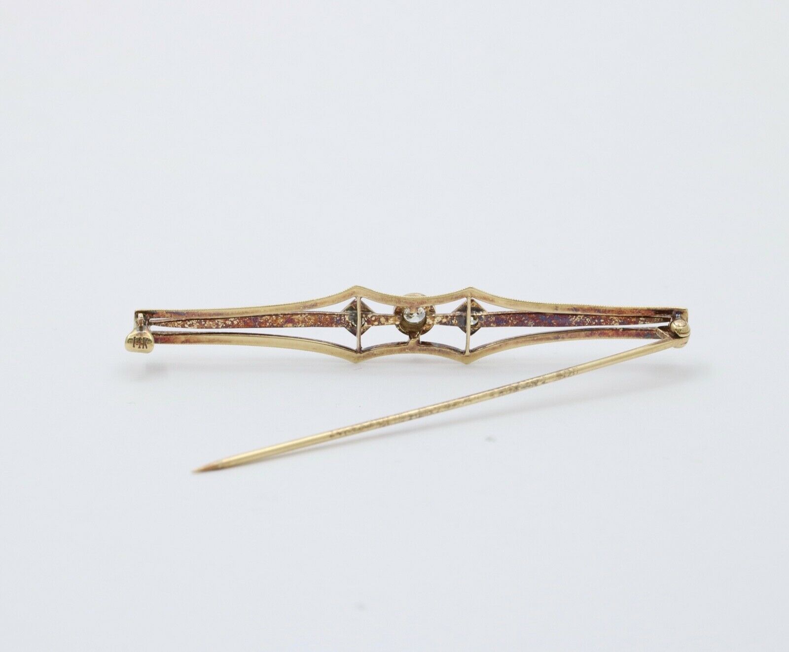 Antique Art Deco 14K Two Tone Gold Old Mine Cut Diamond Bar Pin.