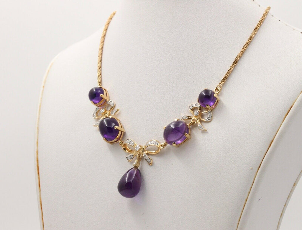 Estate Chandelier Amethyst Diamonds 14K Yellow Gold Necklace