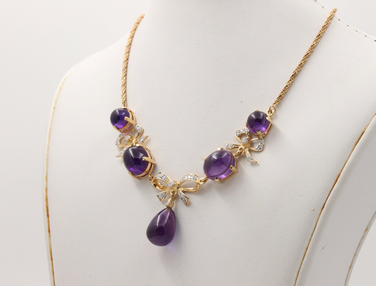 Estate Chandelier Amethyst Diamonds 14K Yellow Gold Necklace