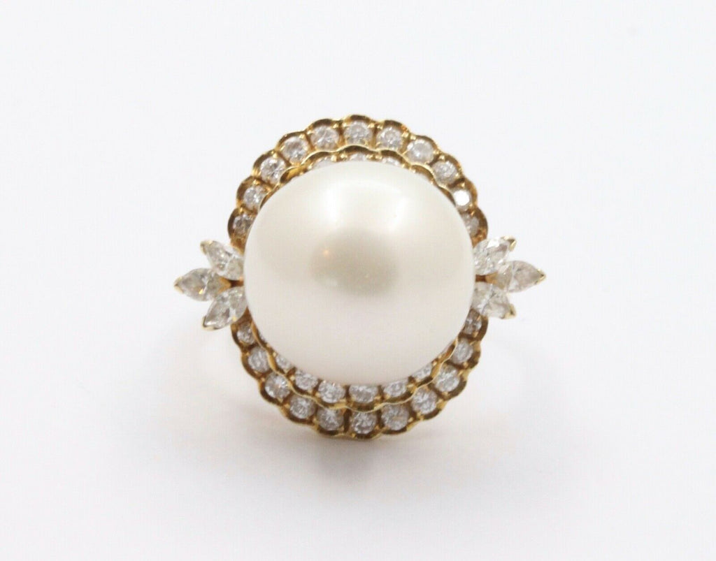 Large Vintage 14K Yellow Gold Diamond 14MM Pearl Ring