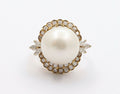 Large Vintage 14K Yellow Gold Diamond 14MM Pearl Ring