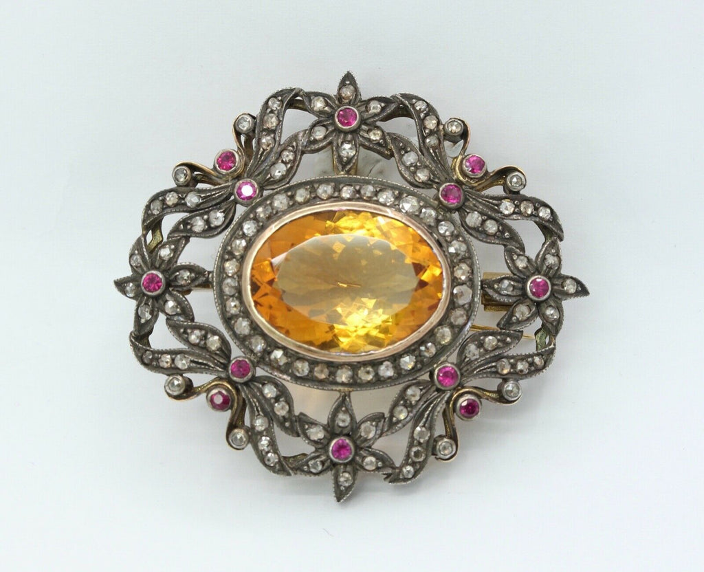 Victorian Revival 18K 14K 925 Citrine Diamonds Rubies Brooch Pendant