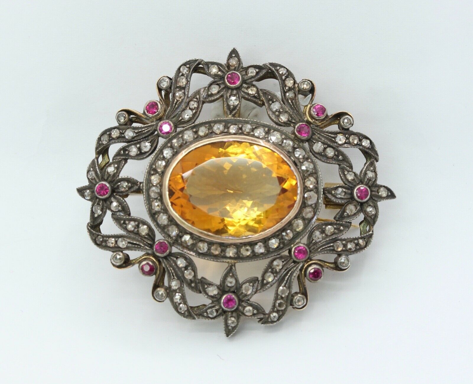 Victorian Revival 18K 14K 925 Citrine Diamonds Rubies Brooch Pendant
